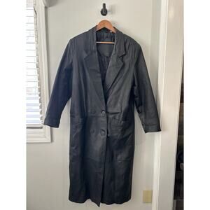 Vintage Womens Medium Long Leather Coat Black Lamb Jacket Trench Mob Wife